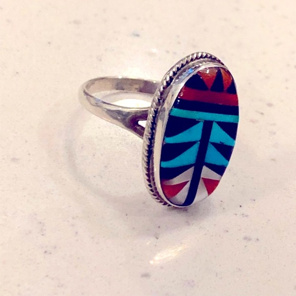 Larry Leslie LLC Zuni Inlay Multi Stone Ring Sterling